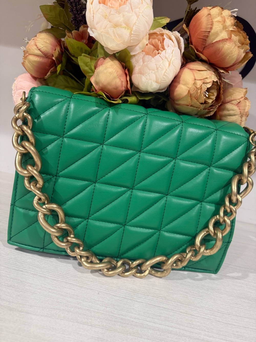 Zara Green Quilted Shoulder Bag with Gold Chain